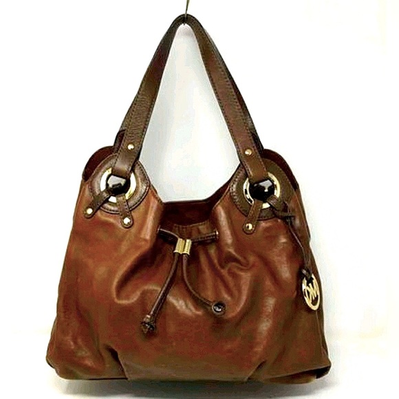 Michael Kors brown genuine leather handbag 3 big pockets EUC clean inside hobo - Picture 1 of 12